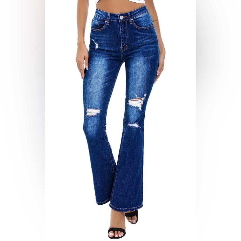 High-Rise Dark Blue Distressed Flare Jeans
